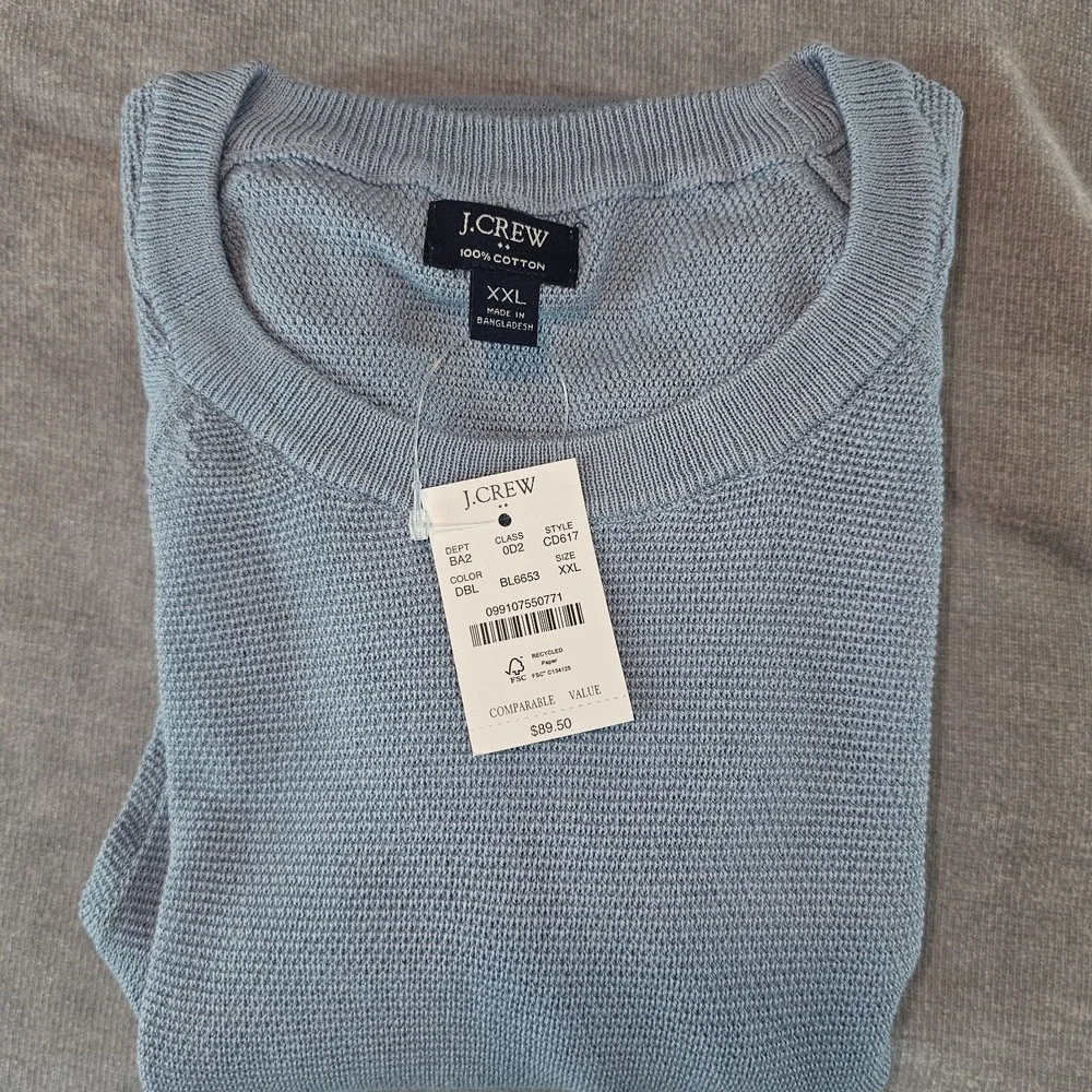 J.Crew Crewneck Sweater Men's XXL Light Blue 100% Cotton Textured Raglan CD617